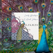 Navy & Raspberry Peacock Damask Save the Date 招待状