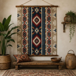 Navy Red Southwestern Rustic Geometric Arrows & Di 吊り下げ型タペストリー