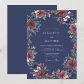 Navy Romantic Floral Romance Wedding 招待状 (正面/裏面)