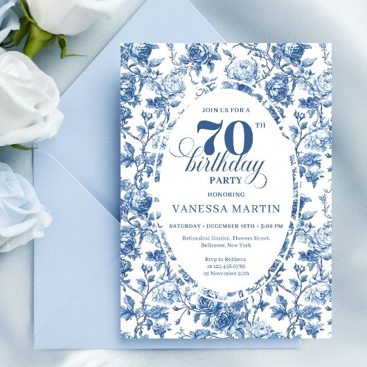 Navy Roses 70th Birthday Elegant Party Invitation 招待状
