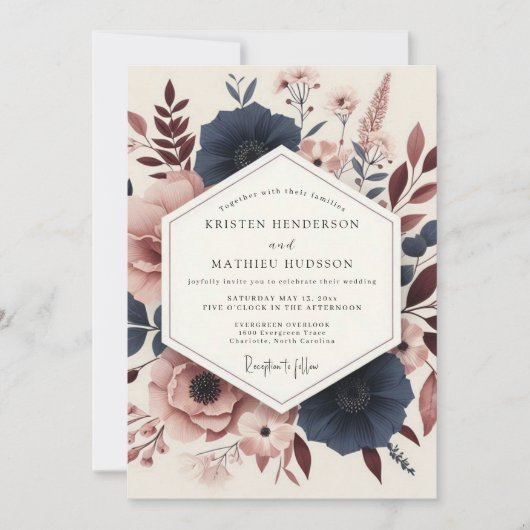 Navy Rosewood Artistic Wedding 招待状 (正面)