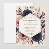 Navy Rosewood Artistic Wedding 招待状 (正面/裏面)