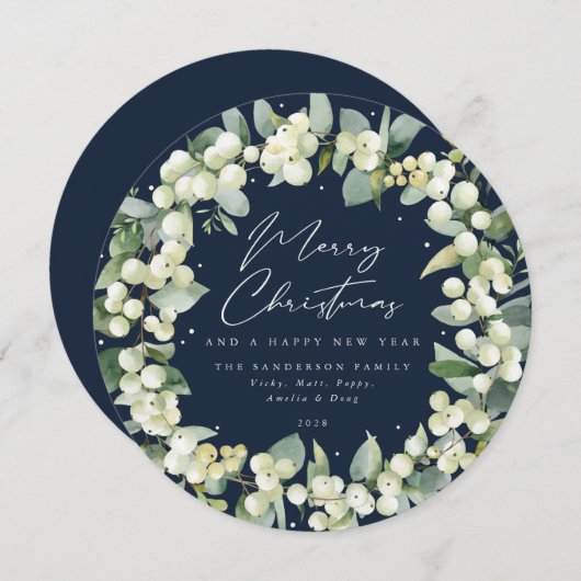 Navy Round Snowberry+Eucalyptus Christmas Wreath シーズンカード (正面/裏面)