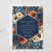 Navy Rust Artistic Flora Wedding 招待状 (正面)