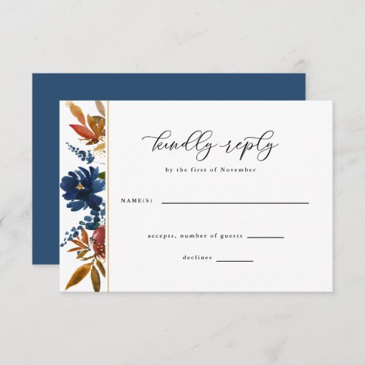 Navy & Rust Boho FlowersホワイトウェディングRSVPカード 出欠カード (正面/裏面)
