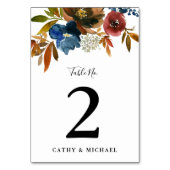 Navy & Rust Waterカラーフローラ パーソナライズされた テーブルナンバー (裏面)