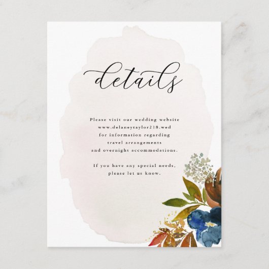 Navy & Rust Water color Boho 結婚フローラ エンクロージャーカード (正面)