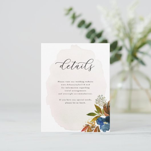 Navy & Rust Water color Boho 結婚フローラ エンクロージャーカード (スタンド正面)