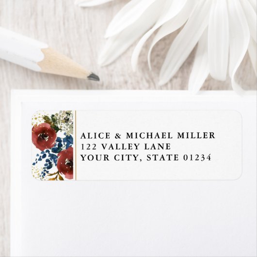 Navy & Rust Water color Boho Flowersホワイトアドレス ラベル (インサイチュ)