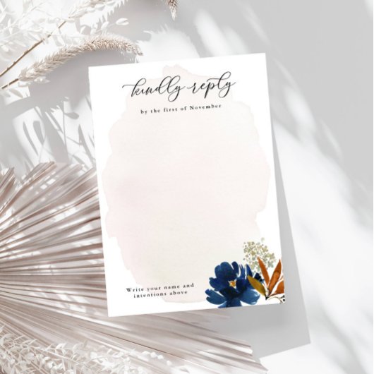 Navy & Rust Water color Boho Flowers Vertical 空白の 出欠カード