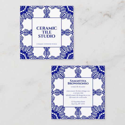 Navy Seamless Mosaic Tile Pattern Ornament スクエア名刺 (正面/裏面)