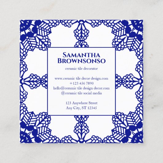 Navy Seamless Mosaic Tile Pattern Ornament スクエア名刺 (裏面)