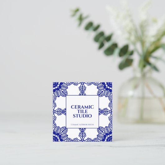 Navy Seamless Mosaic Tile Pattern Ornament スクエア名刺 (スタンド正面)