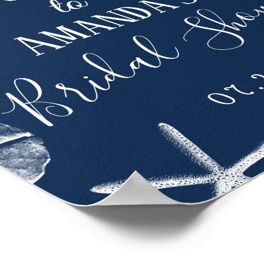 Navy Seashells Beach Wedding Bridal Shower Welcome ポスター (角)