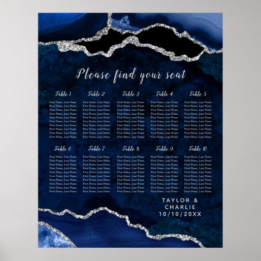 Navy Silver Agate Wedding Seating Chart 10 Table ポスター (正面)