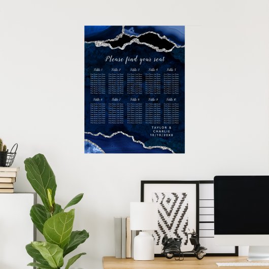 Navy Silver Agate Wedding Seating Chart 10 Table ポスター (ホームオフィス)
