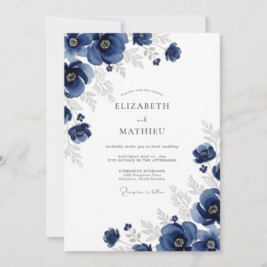 Navy Silver Anemone Winter Wedding 招待状 (正面)