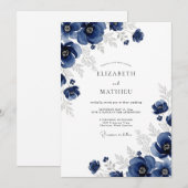 Navy Silver Anemone Winter Wedding 招待状 (正面/裏面)