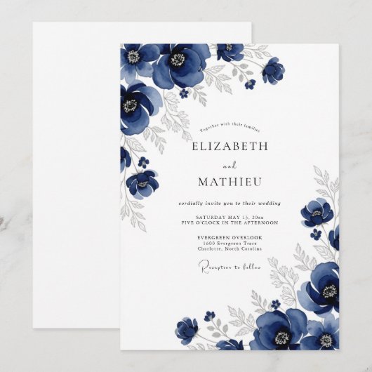 Navy Silver Anemone Winter Wedding 招待状 (正面/裏面)