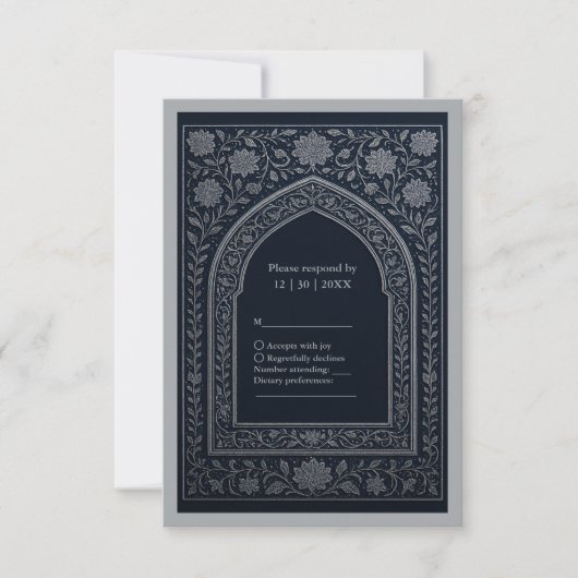 navy silver Arabic arch Wedding 出欠カード (正面)