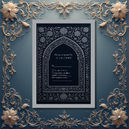 navy silver Arabic arch Wedding 出欠カード