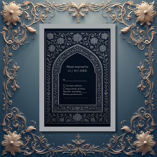 navy silver Arabic arch Wedding 出欠カード