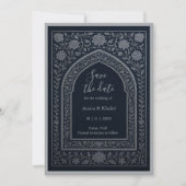 navy silver Arabic arch Wedding save the date  招待状 (正面)