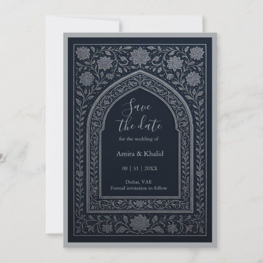 navy silver Arabic arch Wedding save the date  招待状 (正面)