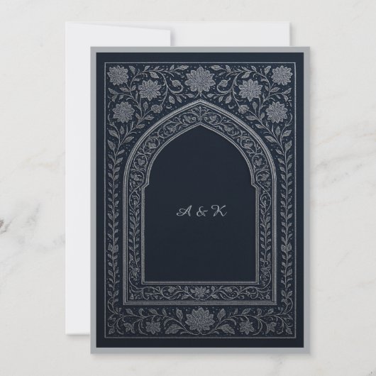 navy silver Arabic arch Wedding save the date  招待状 (裏面)