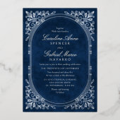 Navy Silver Art Deco Wedding 箔招待状 (正面)