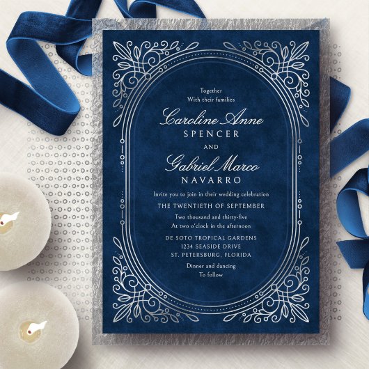 Navy Silver Art Deco Wedding 箔招待状