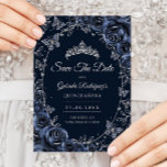 Navy Silver Butterflies Roses Quinceanera セーブザデート<br><div class="desc">Navy Blue and silver Quinceanera celebration Save The Date card. Features,  script font,  butterflies,  watercolor roses and tiara. Perfect for an elegant princess style glam celebration. Personalize with your own details. Printed Zazzle cards or instant download digital printable template.</div>
