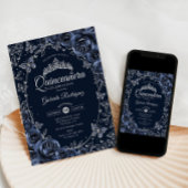 Navy Silver Butterflies Roses Quinceanera 招待状