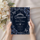 Navy Silver Butterflies Roses Quinceanera 招待状