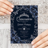 Navy Silver Butterflies Roses Quinceanera 招待状