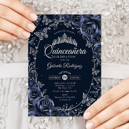 Navy Silver Butterflies Roses Quinceanera 招待状