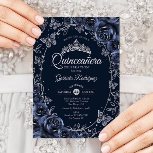 Navy Silver Butterflies Roses Quinceanera 招待状