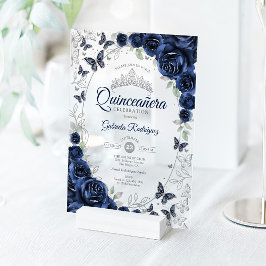 Navy Silver Floral Quinceanera アクリル招待状