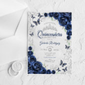 Navy Silver Floral Quinceanera アクリル招待状