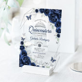 Navy Silver Floral Quinceanera アクリル招待状
