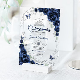 Navy Silver Floral Quinceanera アクリル招待状