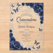 Navy Silver Floral Quinceanera アクリル招待状 (正面)