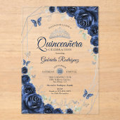 Navy Silver Floral Quinceanera アクリル招待状 (正面)