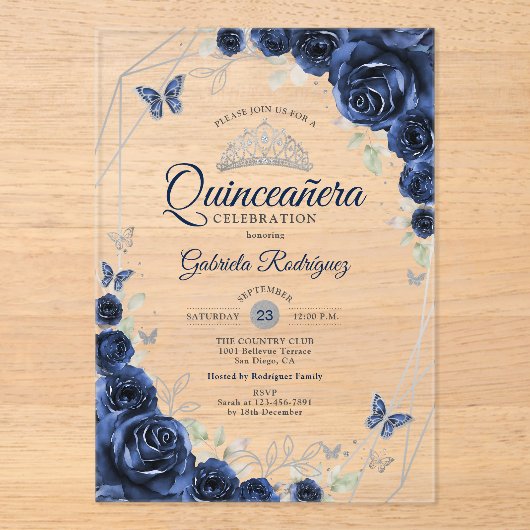 Navy Silver Floral Quinceanera アクリル招待状 (正面)