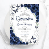 Navy Silver Floral Quinceanera 招待状