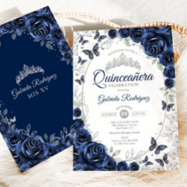 Navy Silver Floral Quinceanera 招待状