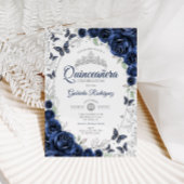 Navy Silver Floral Quinceanera 招待状