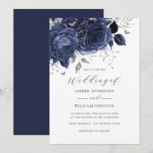 Navy Silver Floral Rose Wedding   招待状 (正面/裏面)