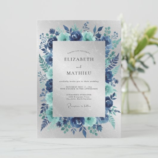 Navy Silver Icy Winter Wedding 招待状 (スタンド正面)