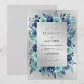 Navy Silver Icy Winter Wedding 招待状 (正面/裏面)